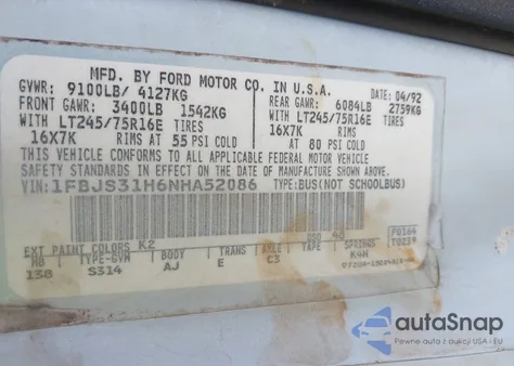 1992 Ford Econoline E350 Super Duty z USA, uszkodzony, nr VIN 1FBJS31H6NHA52086